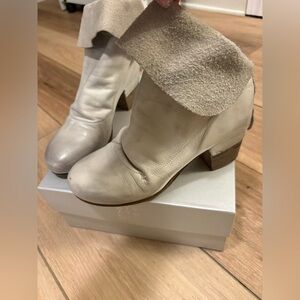 STRATEGIA Cream Leather Ankle Booties with Low Block Heel